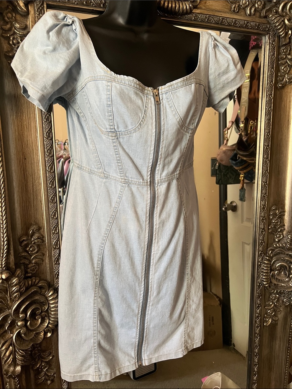 SHEIN Light Wash Denim Zip-Front Puff Sleeve Mini Dress